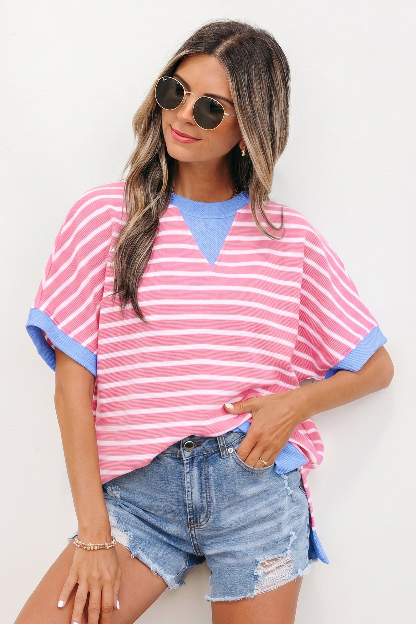 Pink Stripe Contrast Trim Loose Short Sleeve Top-Tops/Tops & Tees-[Adult]-[Female]-2022 Online Blue Zone Planet