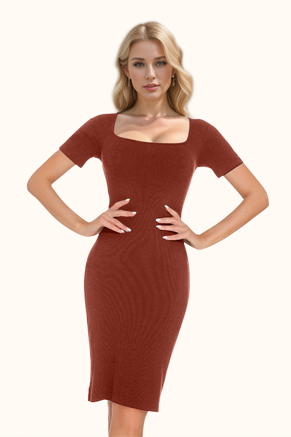 Basic Bae Full Size Built-In Shapewear Square Neck Short Sleeve Dress-TOPS / DRESSES-[Adult]-[Female]-2022 Online Blue Zone Planet