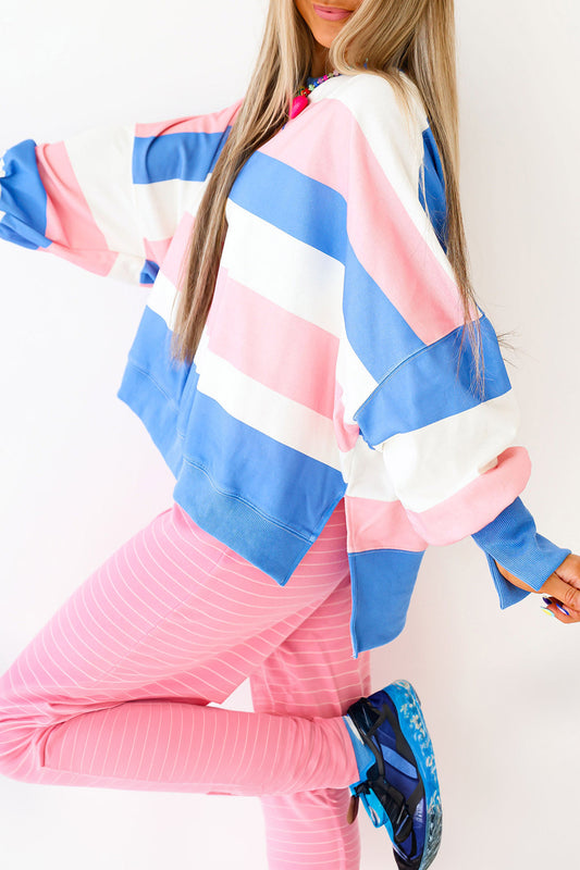 Pink Stripe Side Split Oversized Long Sleeve Top-Tops/Long Sleeve Tops-[Adult]-[Female]-Pink Stripe-S-2022 Online Blue Zone Planet