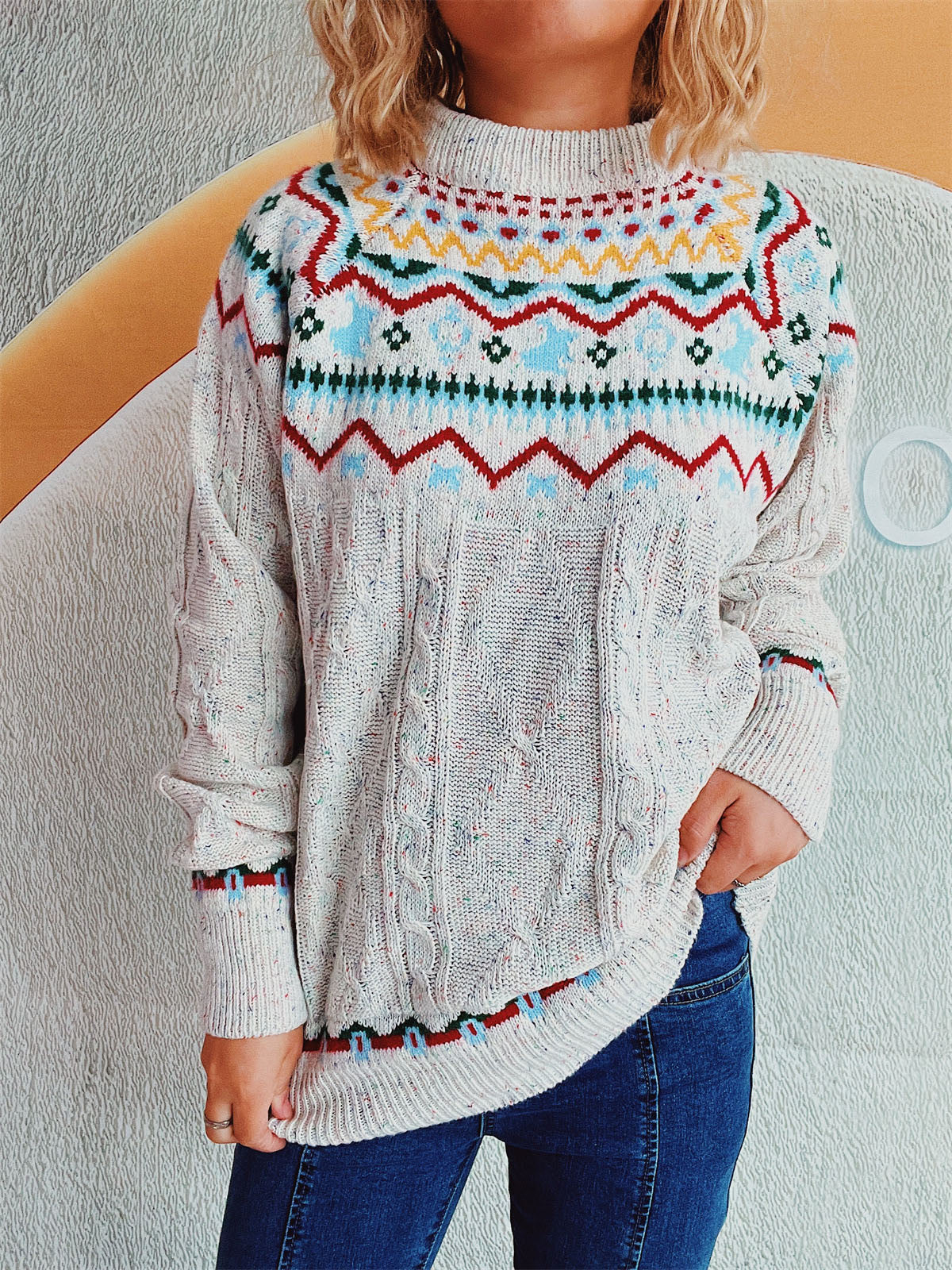 Cable-Knit Mock Neck Long Sleeve Sweater-TOPS / DRESSES-[Adult]-[Female]-Beige-One Size-2022 Online Blue Zone Planet