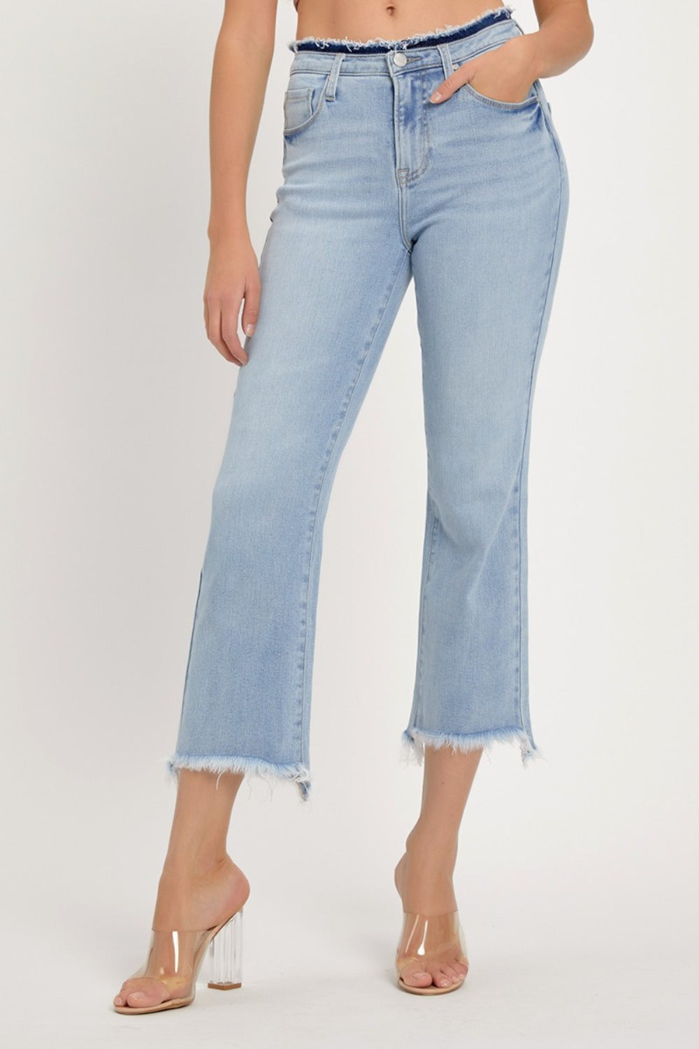 RISEN Full Size High Rise Raw Edge Crop Jeans-[Adult]-[Female]-Light-0(24)-2022 Online Blue Zone Planet