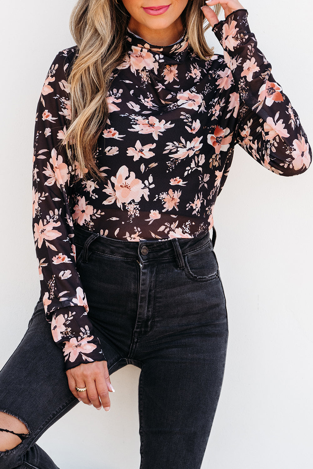 Blue Zone Planet | Black Floral Mesh Mock Neck Long Sleeve Slim Fit Top-Tops/Long Sleeve Tops-[Adult]-[Female]-2022 Online Blue Zone Planet