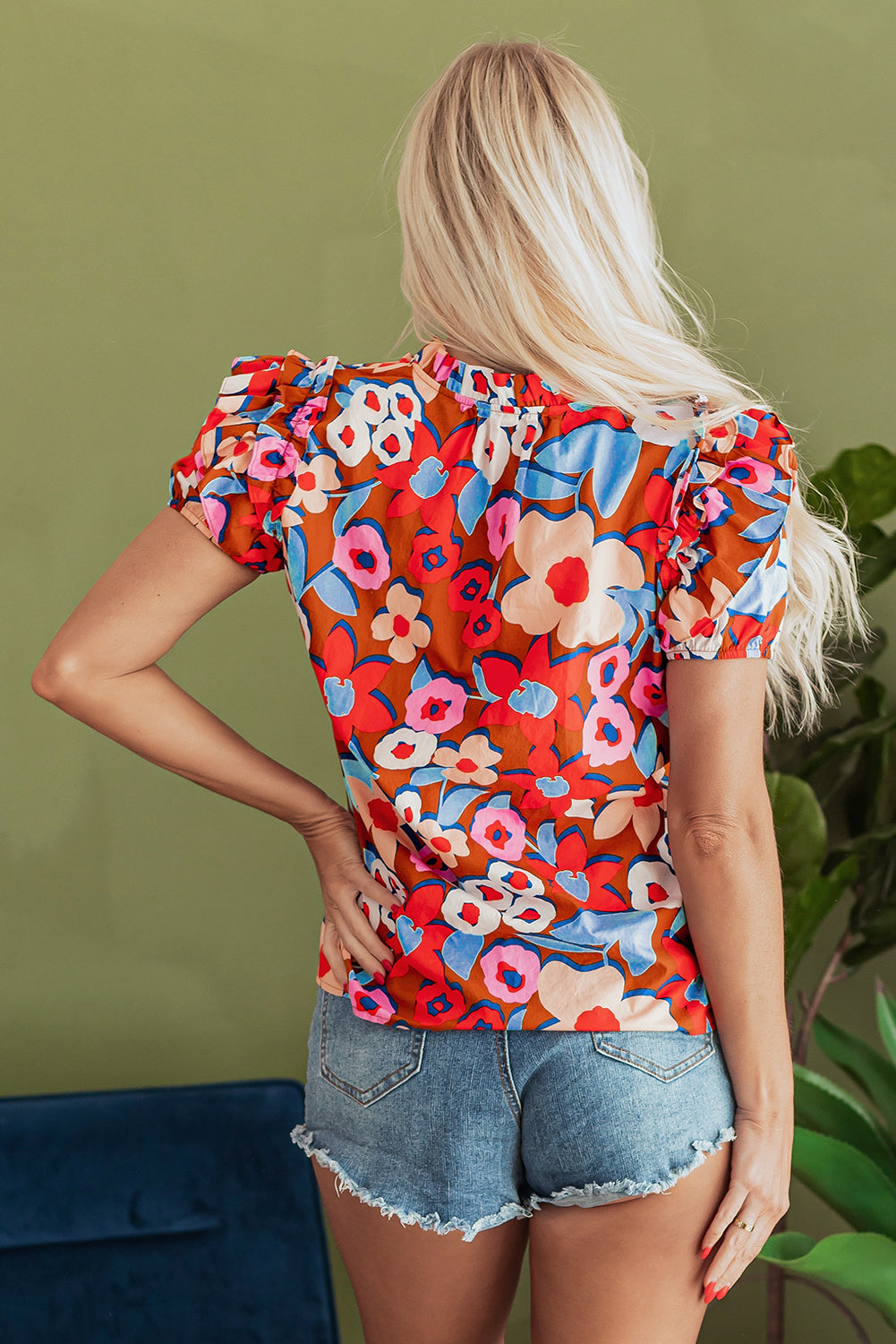 Brown Flower Print Self Tie Frilled Collar Puff Sleeve Blouse-Tops/Blouses & Shirts-[Adult]-[Female]-2022 Online Blue Zone Planet