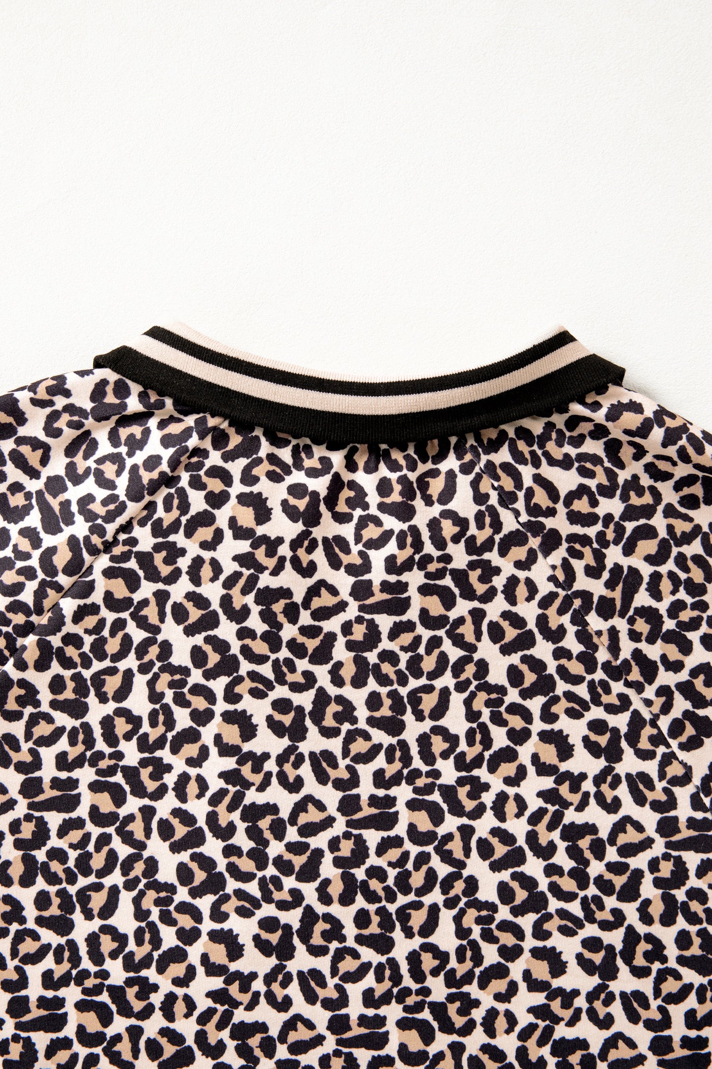 Brown Leopard Print Half Zip Striped Trim Patchwork Short Sleeve Top-Tops/Blouses & Shirts-[Adult]-[Female]-2022 Online Blue Zone Planet