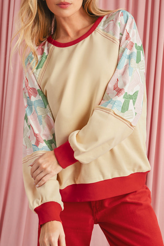 Blue Zone Planet | Beige Bowknot Print Patchwork Raglan Sleeve Top-Long Sleeve Tops-[Adult]-[Female]-Beige-S-2022 Online Blue Zone Planet