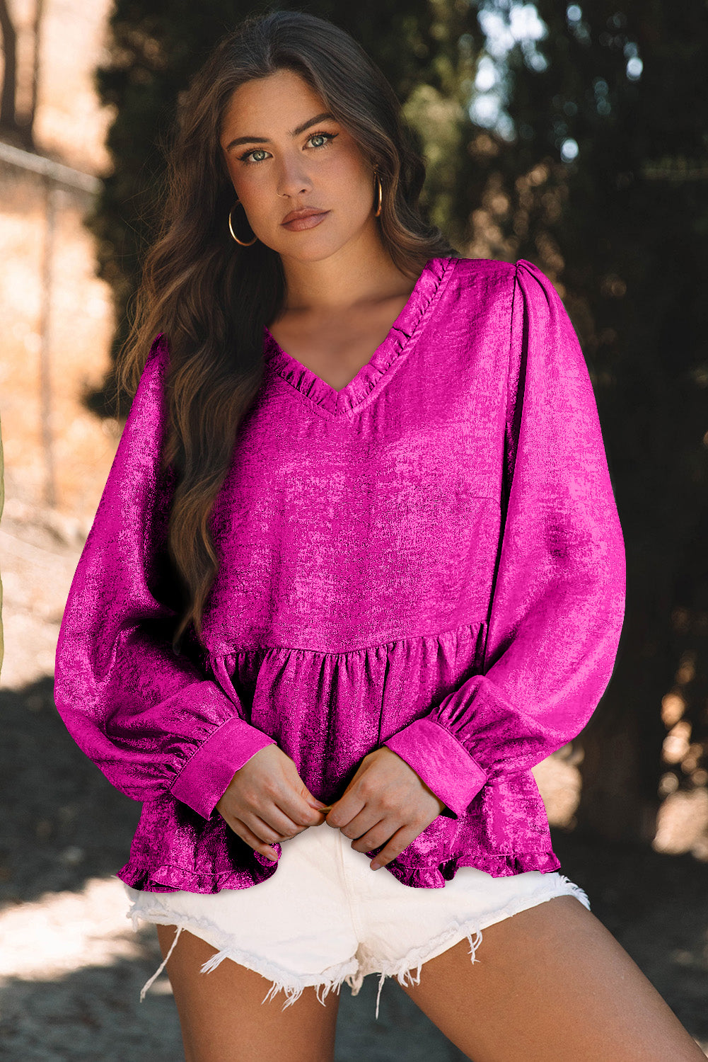 Rose Red Metallic Frilled V Neck Puff Sleeve Babydoll Blouse-Tops/Blouses & Shirts-[Adult]-[Female]-2022 Online Blue Zone Planet