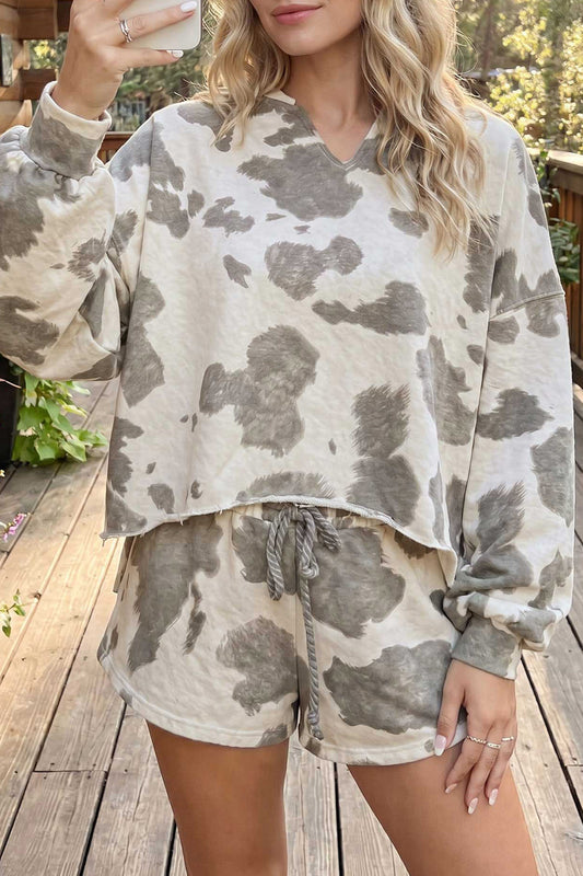 Gray Western Print Raw Hem Long Sleeve Top Drawstring Shorts Set-Two Piece Sets/Short Sets-[Adult]-[Female]-Gray-S-2022 Online Blue Zone Planet