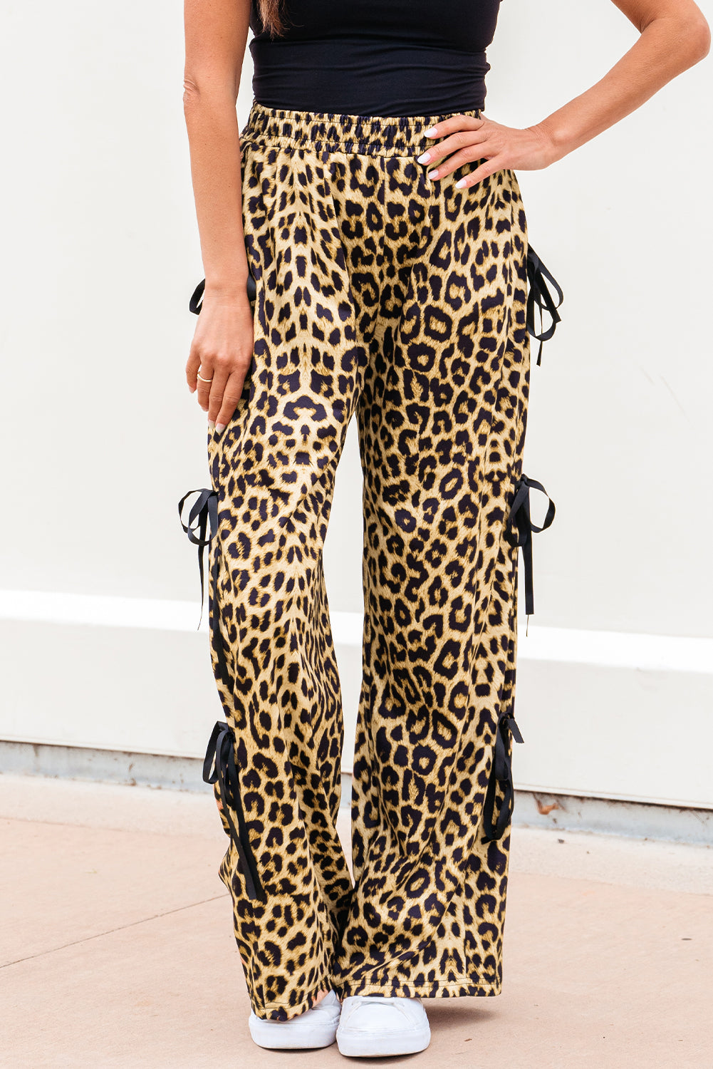 Brown Leopard Print Bow Tie Drawstring Elastic Waist Loose High Waist Pants-Bottoms/Pants & Culotte-[Adult]-[Female]-2022 Online Blue Zone Planet