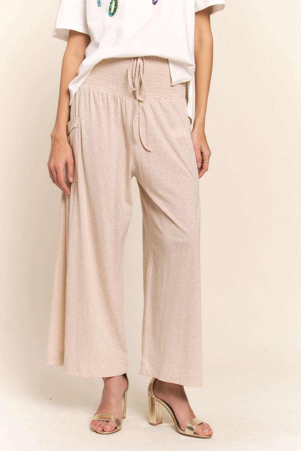 Blue Zone Planet | J.NNA Smocked Waist Boho Wide Leg Pants with Pockets-TOPS / DRESSES-[Adult]-[Female]-Light Beige-S-2022 Online Blue Zone Planet