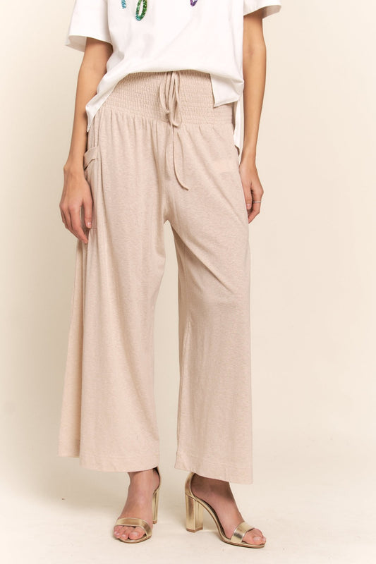 Blue Zone Planet | J.NNA Smocked Waist Boho Wide Leg Pants with Pockets-TOPS / DRESSES-[Adult]-[Female]-Light Beige-S-2022 Online Blue Zone Planet