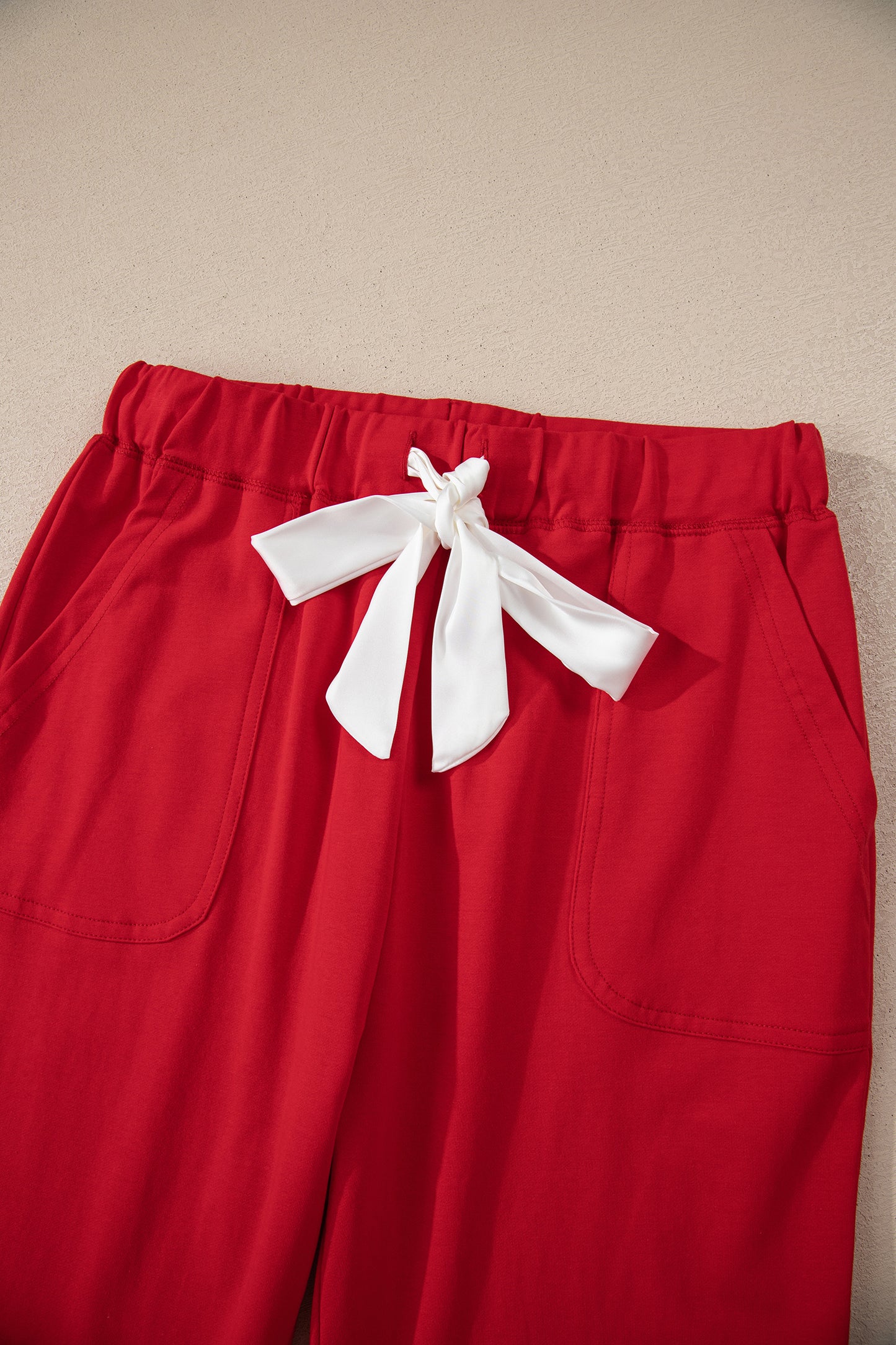 Fiery Red Contrast Trim Button V Neck Ribbon Bow Knot Waist 2pcs Lounge Pant Set-Loungewear & Sleepwear/Loungewear-[Adult]-[Female]-2022 Online Blue Zone Planet