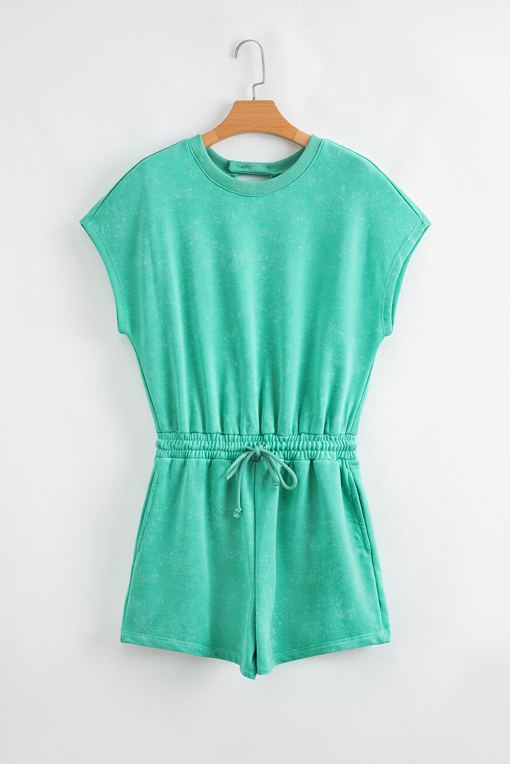 Sea Green Mineral Wash Drawstring Waist Hollow Out Back Short Sleeve Romper-Bottoms/Jumpsuits & Rompers-[Adult]-[Female]-2022 Online Blue Zone Planet