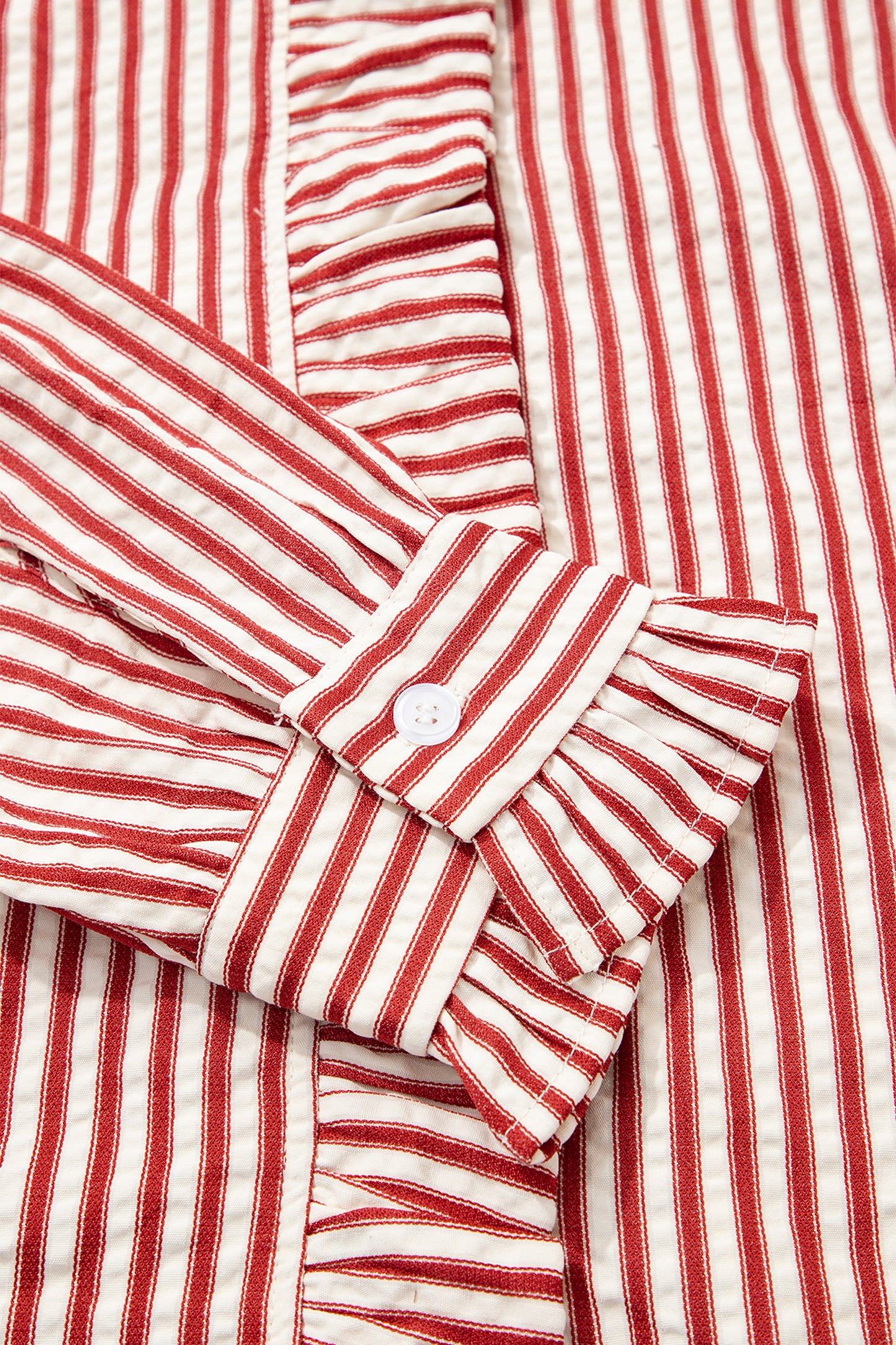Red Stripe Textured Ruffle Trim Button-Up Long Sleeve Shirt-Tops/Blouses & Shirts-[Adult]-[Female]-2022 Online Blue Zone Planet