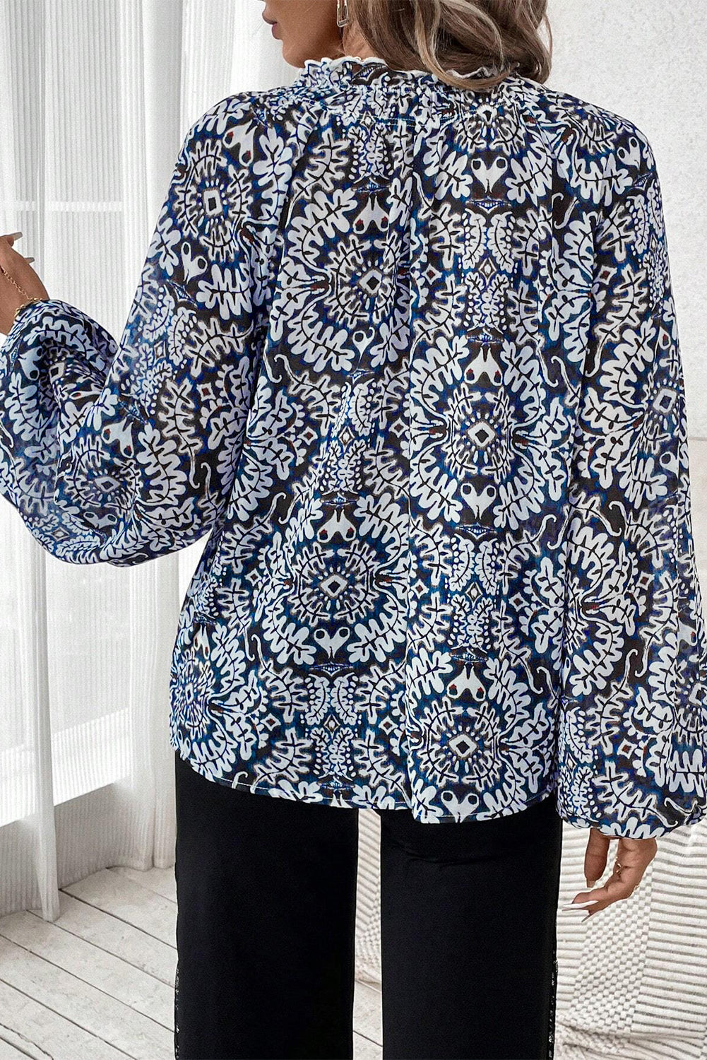 Blue Tribal Print Lace-up Frilled Neck Puff Sleeve Blouse-Tops/Blouses & Shirts-[Adult]-[Female]-2022 Online Blue Zone Planet