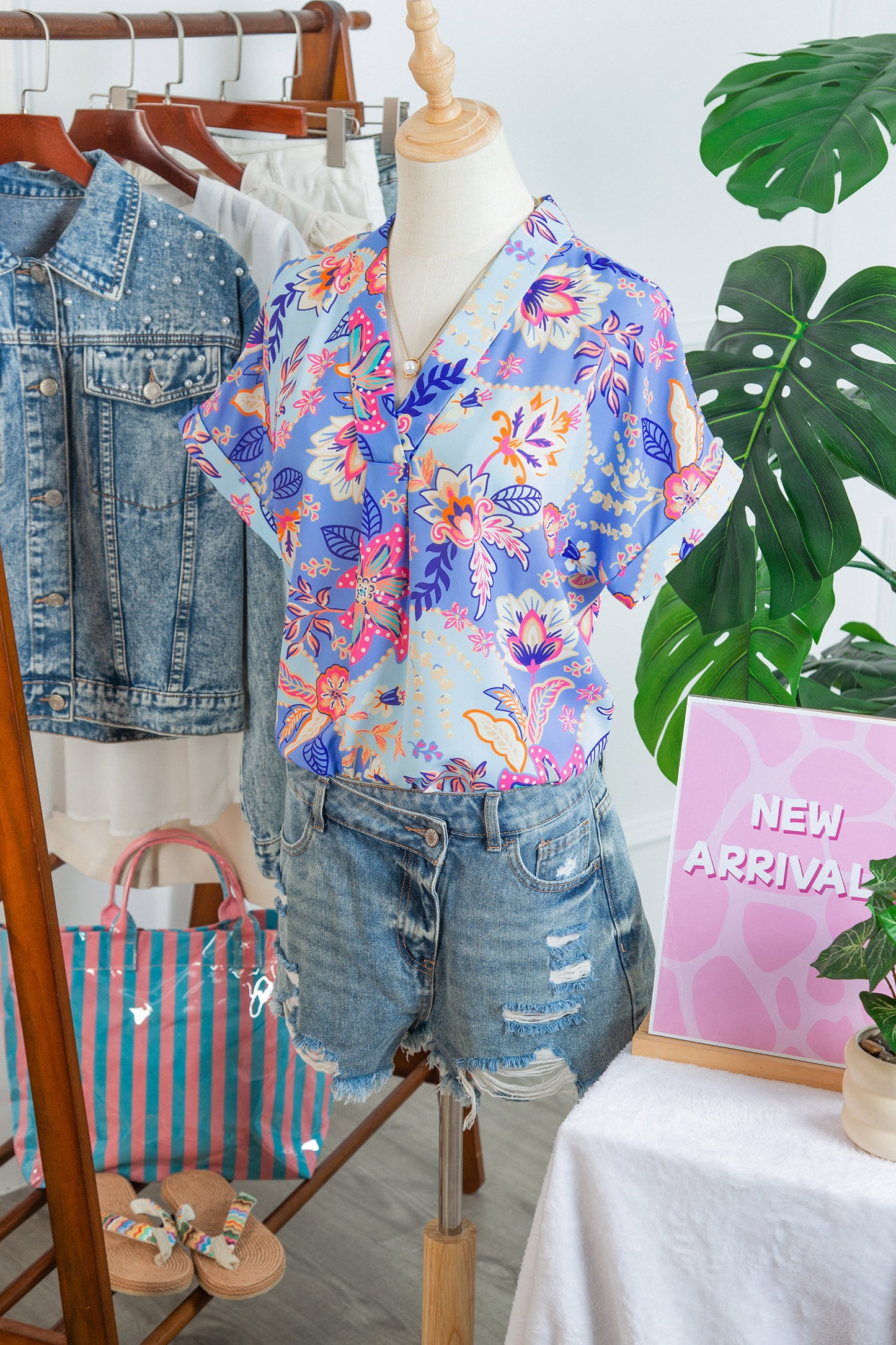 Purple Vacation Floral Print V Neck Short Sleeve Blouse-Tops/Blouses & Shirts-[Adult]-[Female]-2022 Online Blue Zone Planet