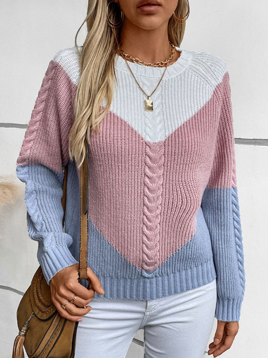 Color Block Round Neck Long Sleeve Sweater-TOPS / DRESSES-[Adult]-[Female]-Blush Pink-S-2022 Online Blue Zone Planet