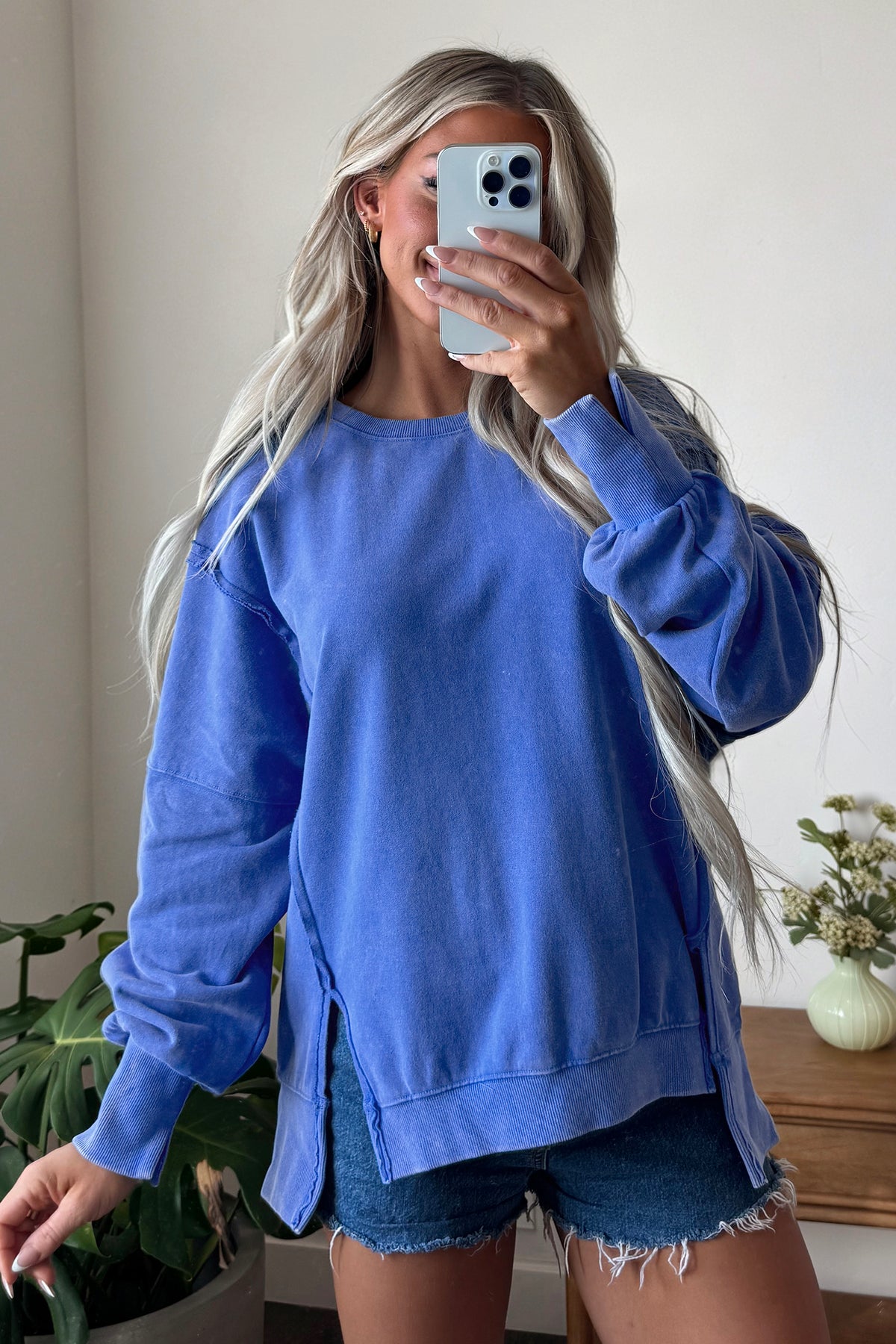 Sky Blue Mineral Wash Split Hem Loose Tunic Sweatshirt-Tops/Sweatshirts & Hoodies-[Adult]-[Female]-2022 Online Blue Zone Planet