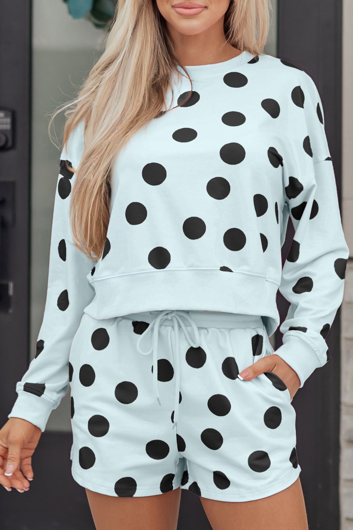 Sky Blue Polka Dot Print Drop Shoulder Pullover Drawstring Shorts Set-Two Piece Sets/Short Sets-[Adult]-[Female]-2022 Online Blue Zone Planet