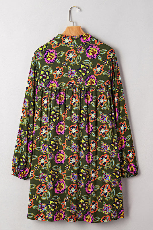 Green Plus Size Floral Print Collared V Neck Loose Mini Dress-TOPS / DRESSES-[Adult]-[Female]-2022 Online Blue Zone Planet