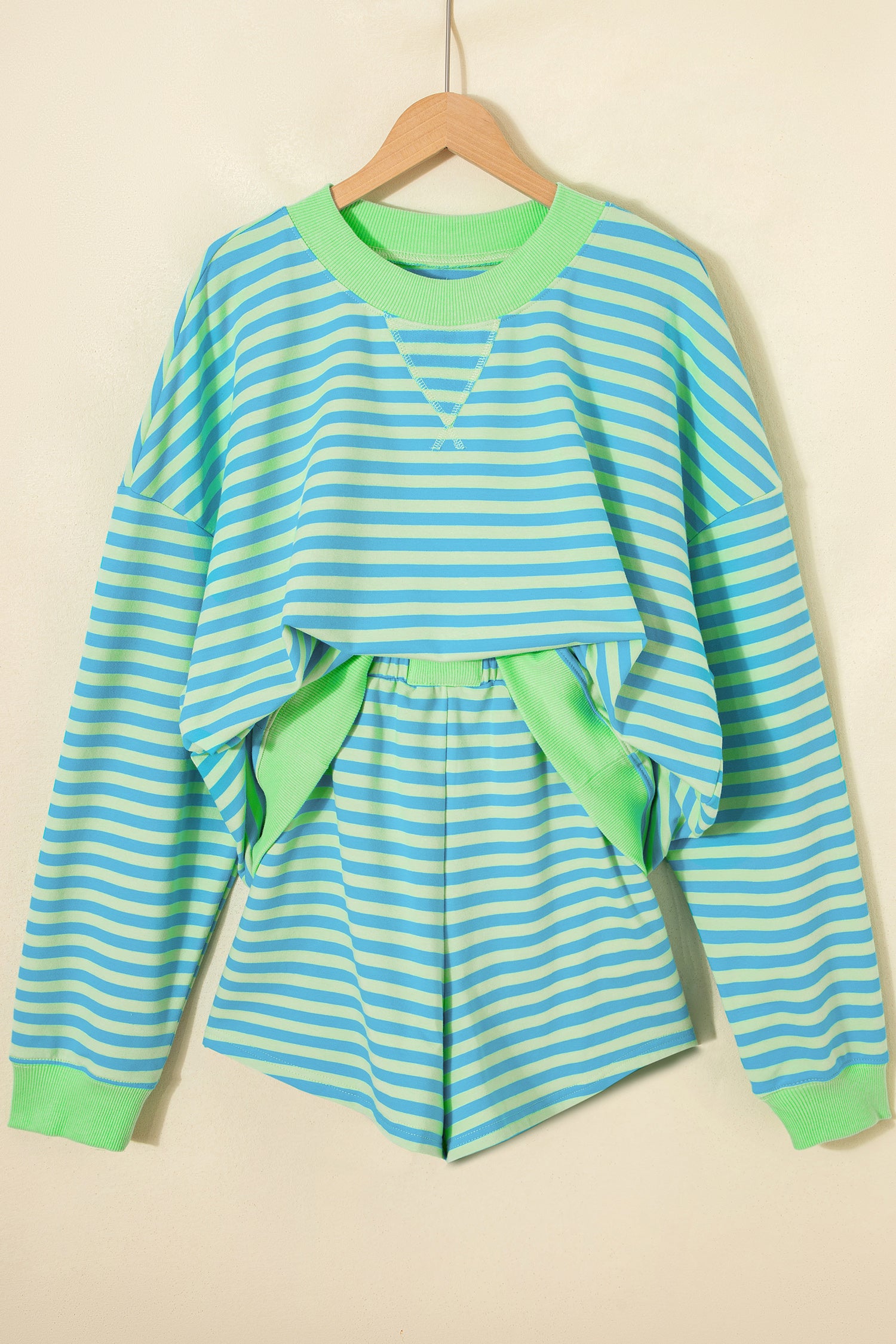 Pink Stripe Color Block Detail Long Sleeve Pullover Elastic Waist Pull On Shorts 2pcs Set-Two Piece Sets/Short Sets-[Adult]-[Female]-2022 Online Blue Zone Planet