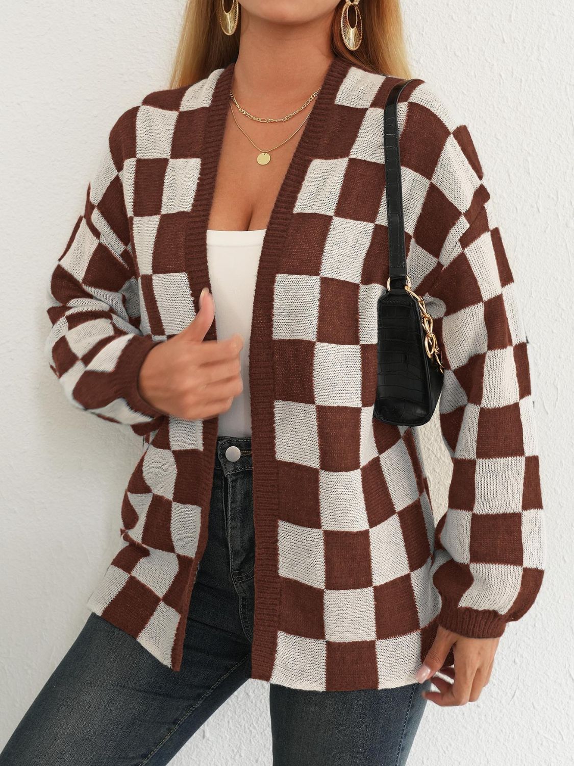 Checkered Open Front Long Sleeve Cardigan-TOPS / DRESSES-[Adult]-[Female]-2022 Online Blue Zone Planet