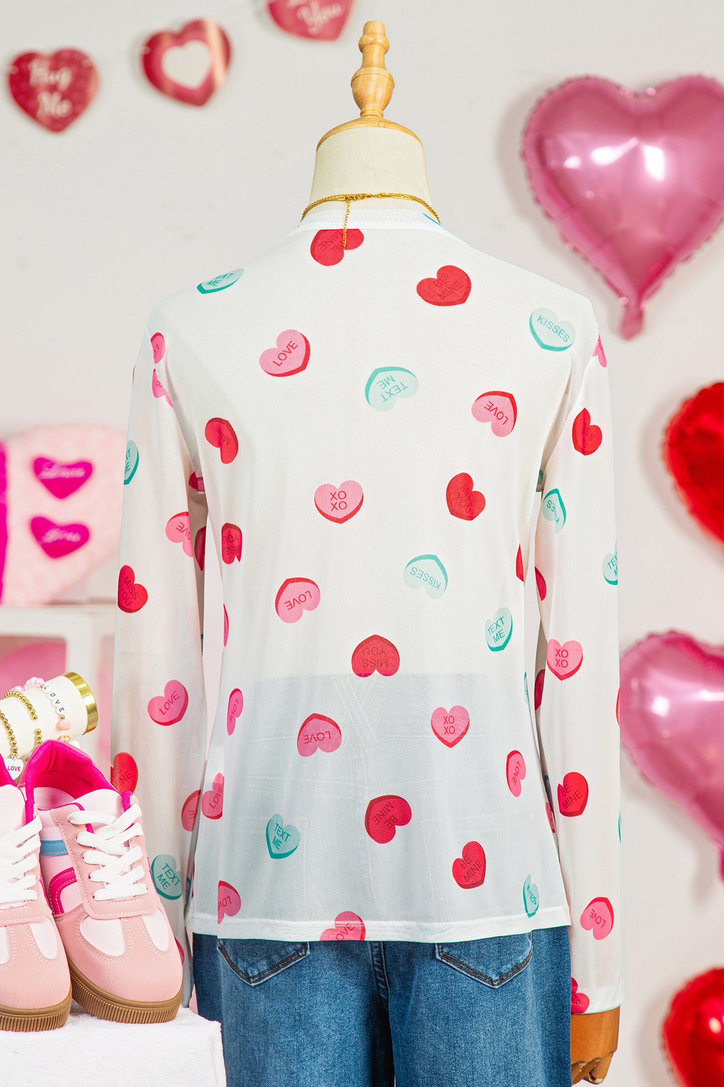 White Sheer Mesh Valentines Slogan Heart Printed Long Sleeve Top-Tops/Long Sleeve Tops-[Adult]-[Female]-2022 Online Blue Zone Planet