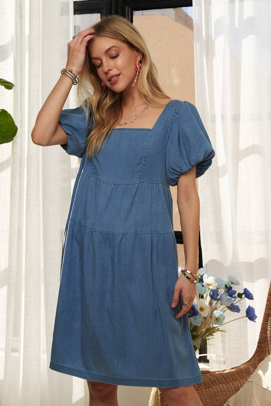 ADORA Square Neck Puff Sleeve Denim Dress-TOPS / DRESSES-[Adult]-[Female]-2022 Online Blue Zone Planet