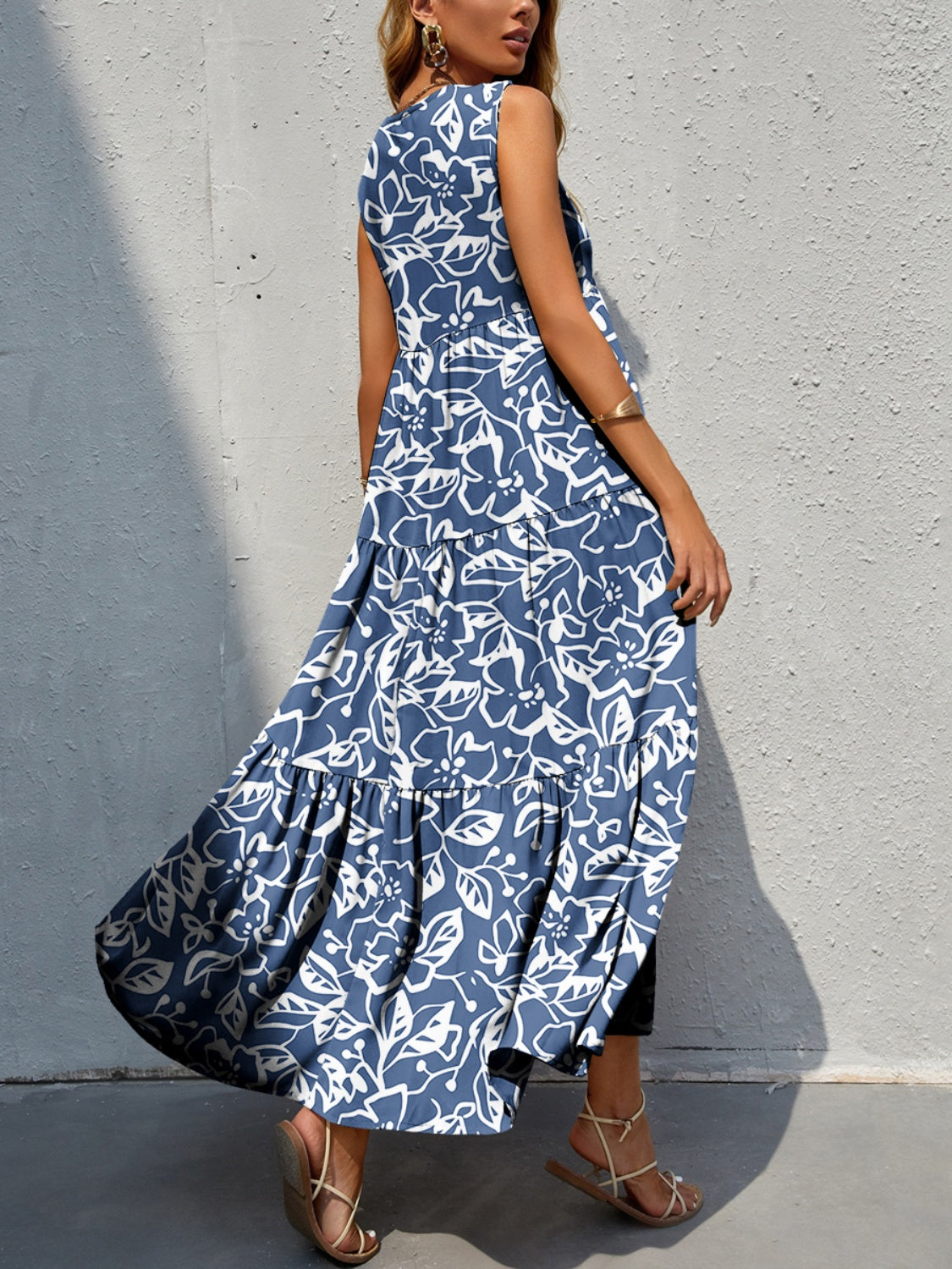 Tiered Printed V-Neck Sleeveless Dress BLUE ZONE PLANET