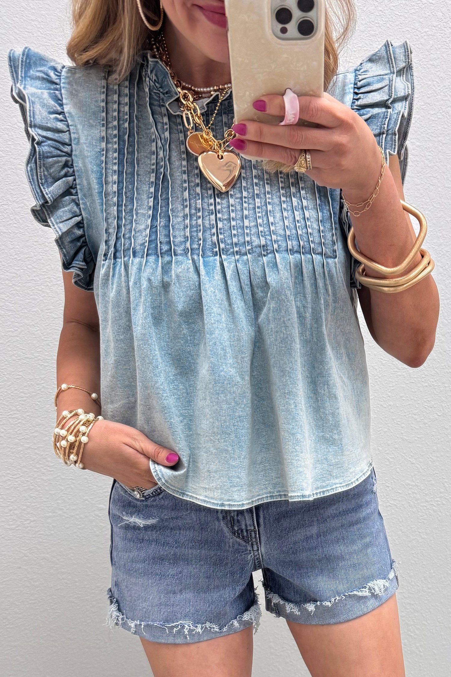 Beau Blue Ruffle Pleated Detail Vintage Washed Denim Top-Tops/Tops & Tees-[Adult]-[Female]-Beau Blue-S-2022 Online Blue Zone Planet