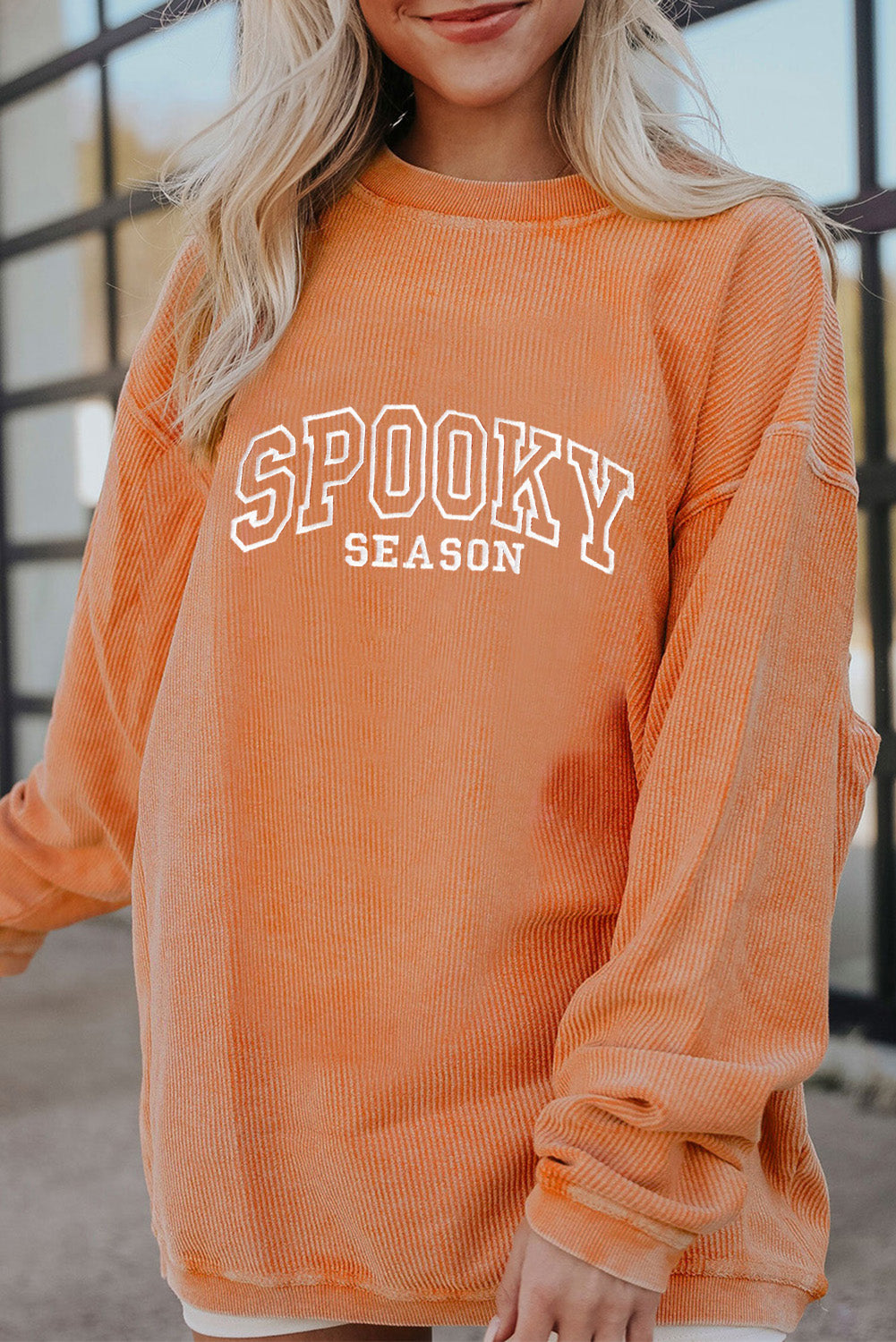 Orange Spooky Season Embroidered Letter Graphic Twisted Ribbed Sweatshirt-Graphic/Graphic Sweatshirts-[Adult]-[Female]-2022 Online Blue Zone Planet
