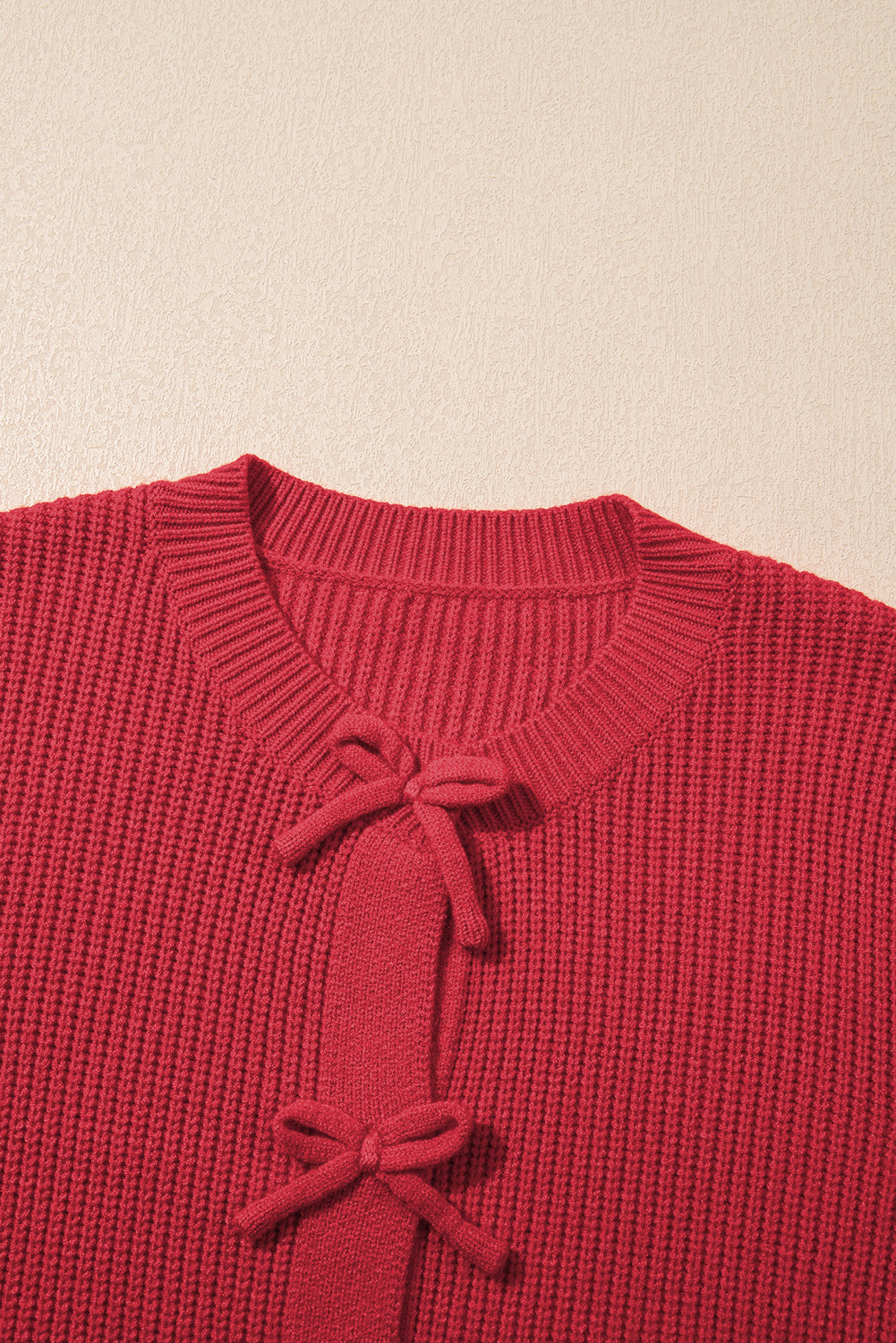 Fiery Red Ribbed Knit Bow Front Buttoned Cardigan-Sweaters & Cardigans/Cardigans-[Adult]-[Female]-2022 Online Blue Zone Planet