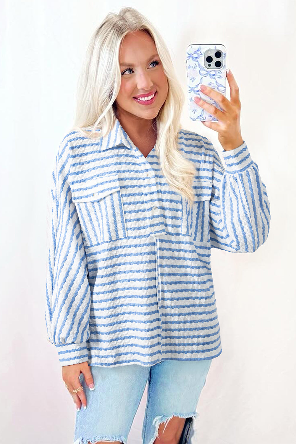 Sky Blue Stripe Half Button Collared Chest Pockets Loose Fit Blouse-Tops/Blouses & Shirts-[Adult]-[Female]-2022 Online Blue Zone Planet