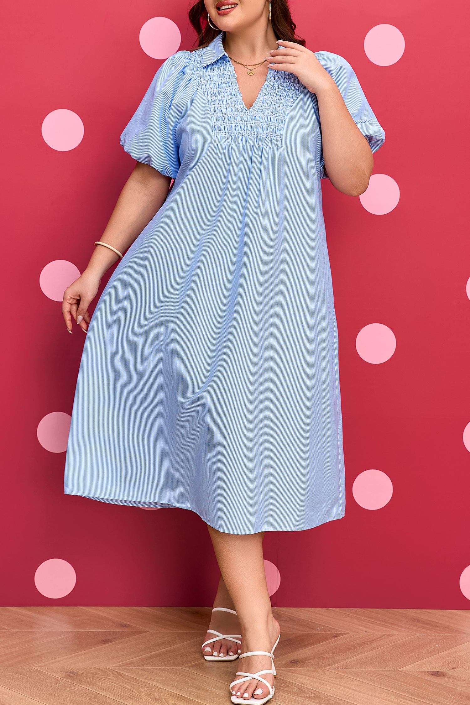 Sky Blue Stripe Shirred Detail Collar V Neck Plus Size Midi Dress-TOPS / DRESSES-[Adult]-[Female]-2022 Online Blue Zone Planet