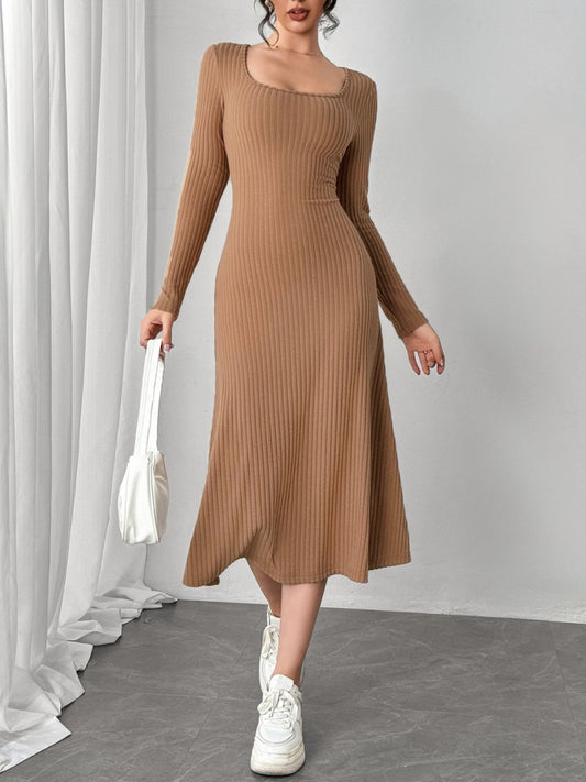 Square Neck Long Sleeve Midi Wrap Dress-TOPS / DRESSES-[Adult]-[Female]-Camel-S-2022 Online Blue Zone Planet