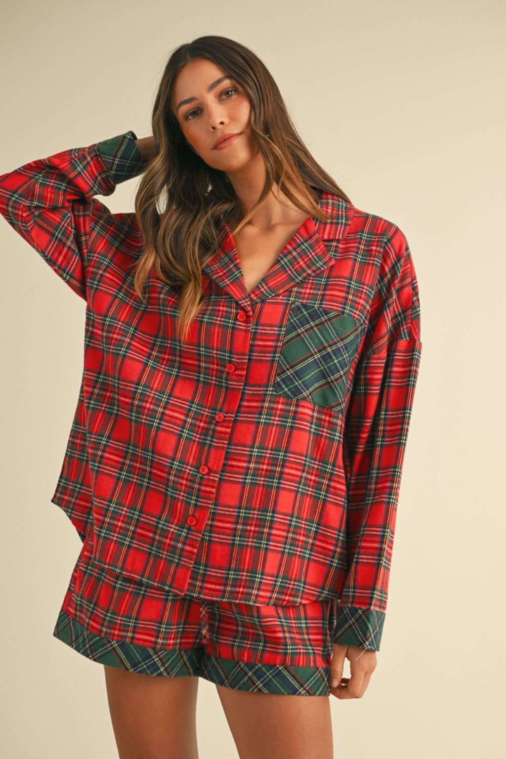 Blue Zone Planet | Annie Wear Contrast Plaid Long Sleeve Top and Shorts Set-TOPS / DRESSES-[Adult]-[Female]-Red-S-2022 Online Blue Zone Planet