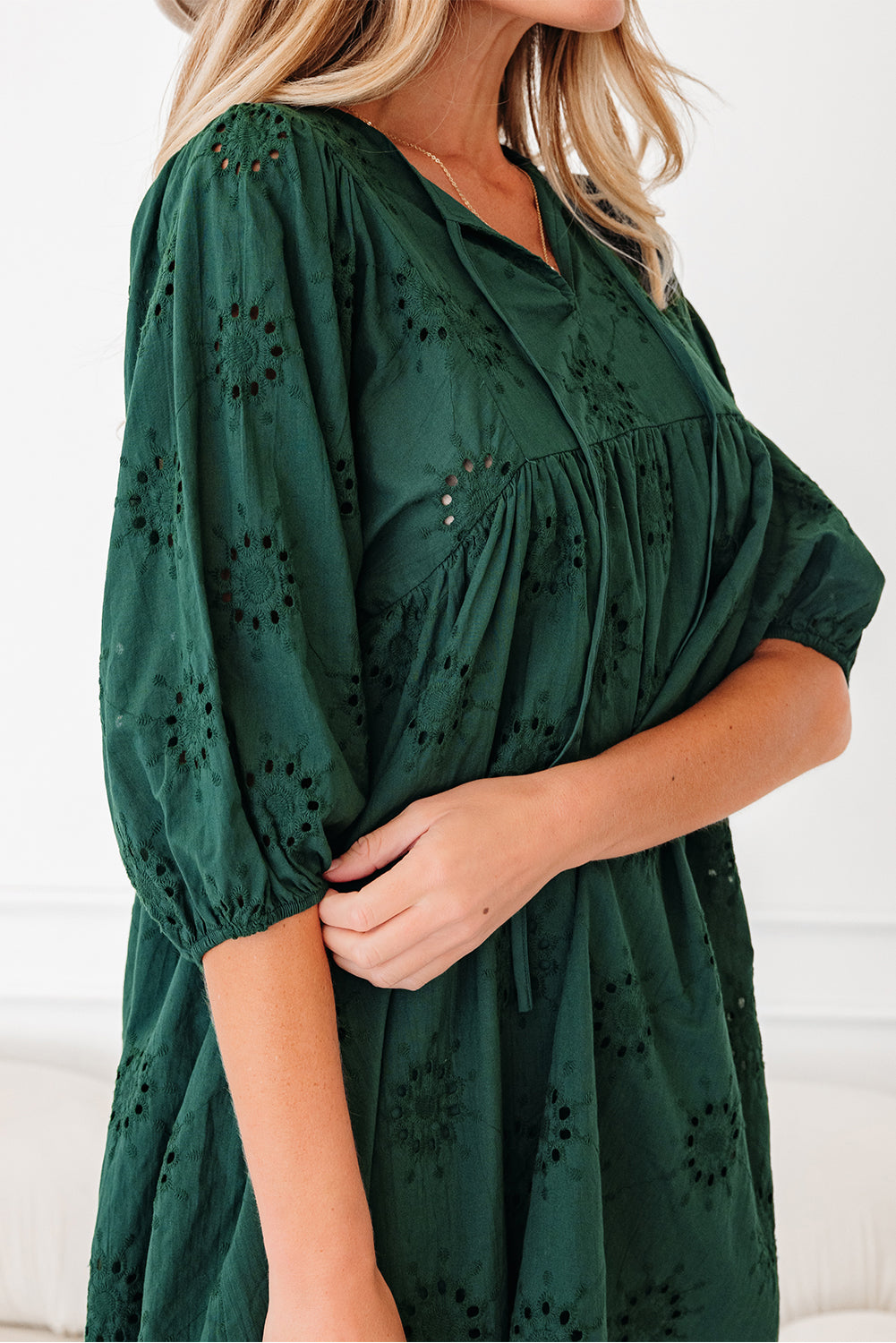 Blackish Green Embroidered Eyelet Pattern 3/4 Puffy Sleeve Swing Mini Dress-Dresses/Mini Dresses-[Adult]-[Female]-2022 Online Blue Zone Planet