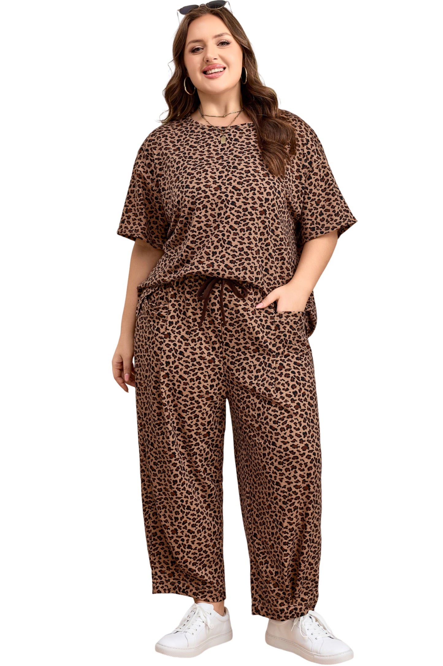Brown Plus Size Leopard Loose Top Pleated Pants Set-Plus Size/Plus Size Loungewear-[Adult]-[Female]-2022 Online Blue Zone Planet