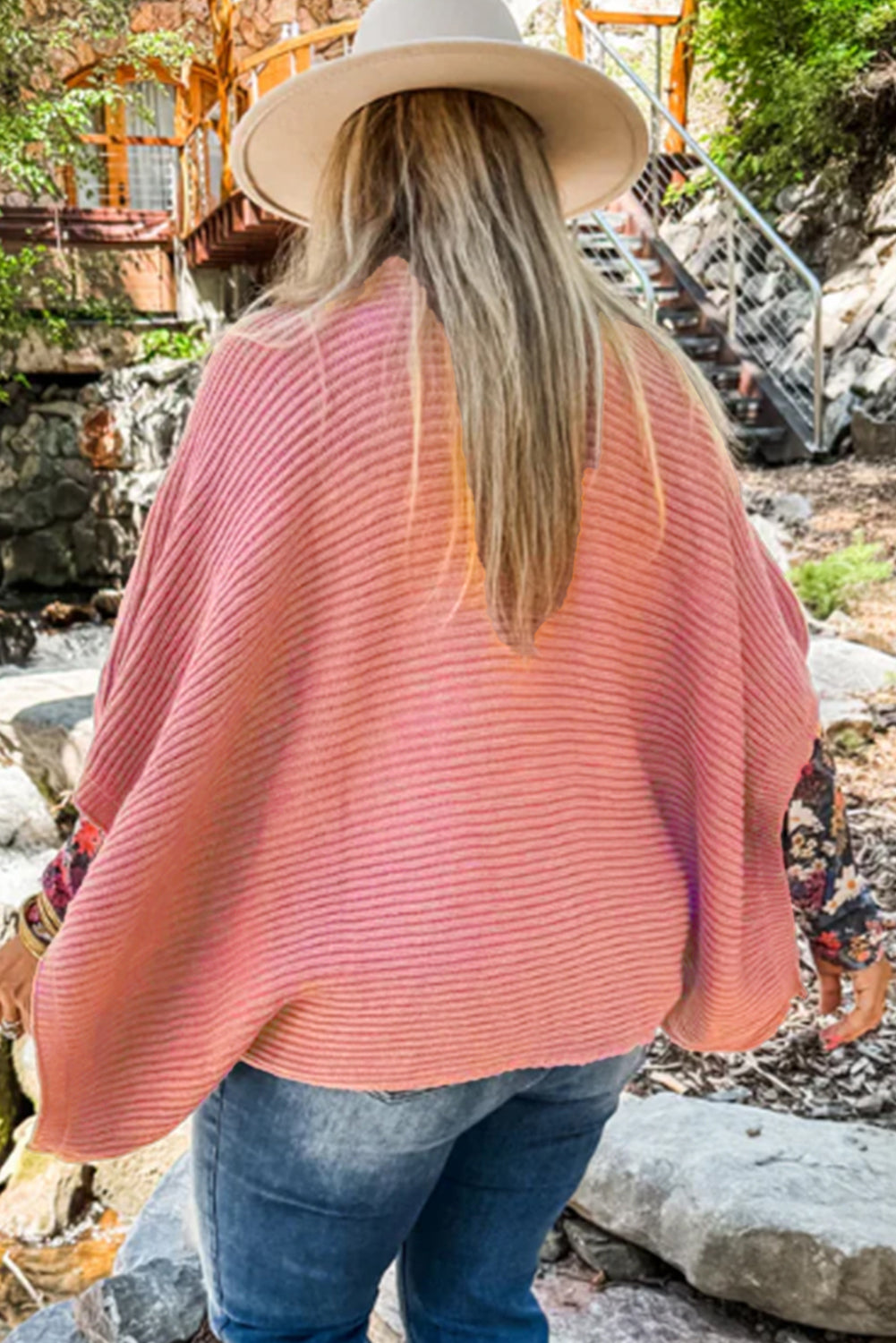 Light Pink Ribbed Knit Half Sleeve Plus Size Poncho Style Sweater-Plus Size/Plus Size Sweaters & Cardigans-[Adult]-[Female]-2022 Online Blue Zone Planet