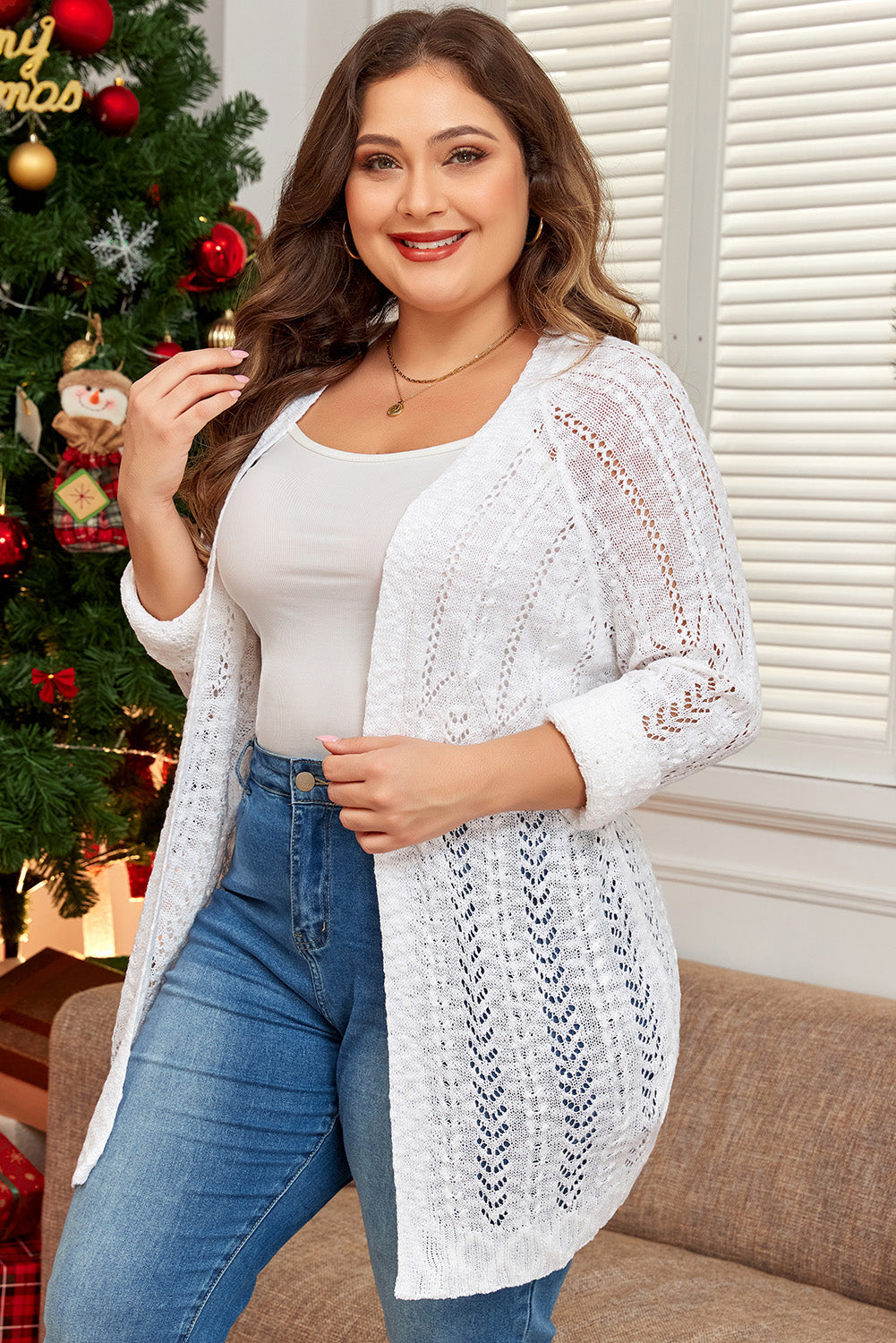 White Plus Size Eyelet Knit Open Front Cardigan-Plus Size/Plus Size Sweaters & Cardigans-[Adult]-[Female]-2022 Online Blue Zone Planet