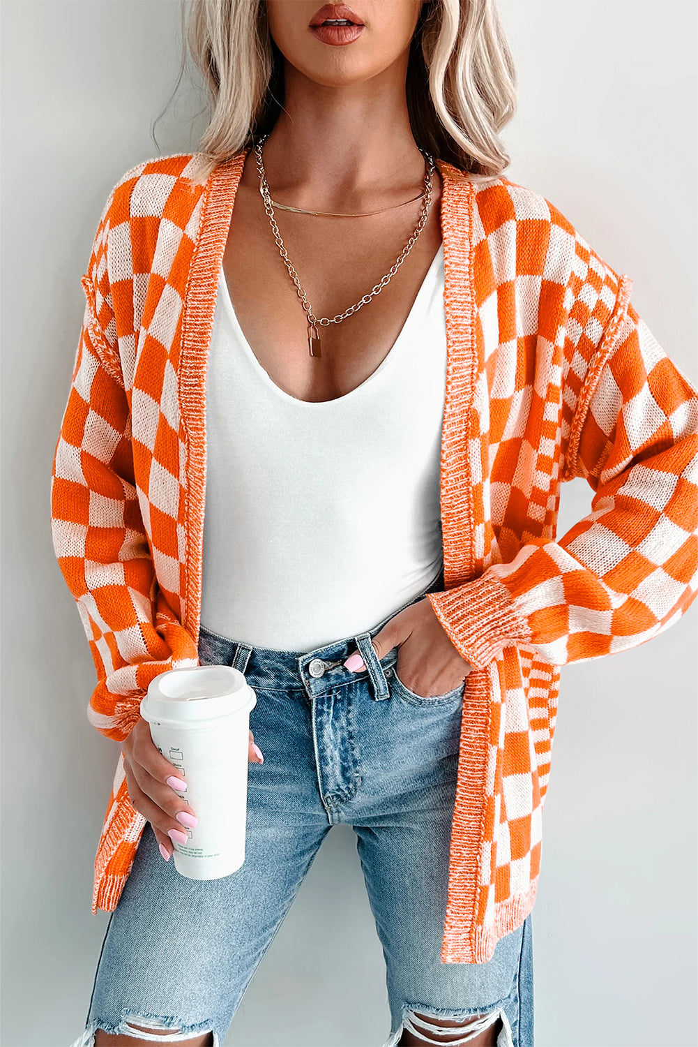 Orange Checkered Open Front Drop Shoulder Cardigan-Sweaters & Cardigans/Cardigans-[Adult]-[Female]-2022 Online Blue Zone Planet