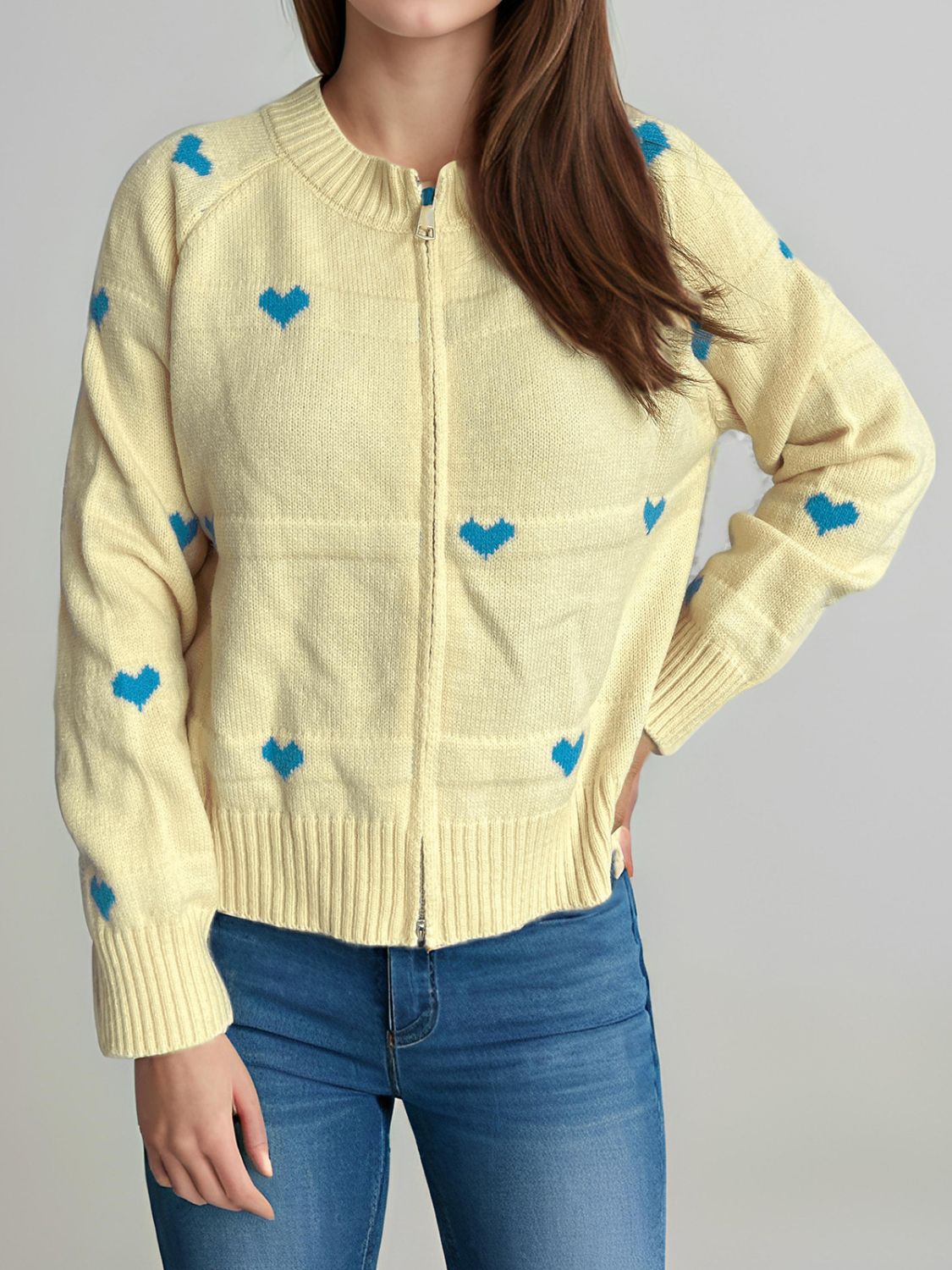 Heart Round Neck Zip Up Cardigan-NEW ARRIVALS-[Adult]-[Female]-2022 Online Blue Zone Planet