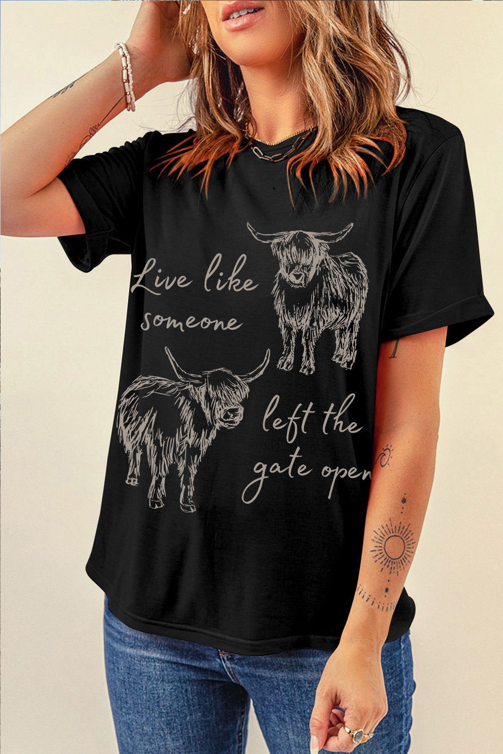 Black Western Cow Print Round Neck Casual Tee-Graphic/Graphic Tees-[Adult]-[Female]-2022 Online Blue Zone Planet