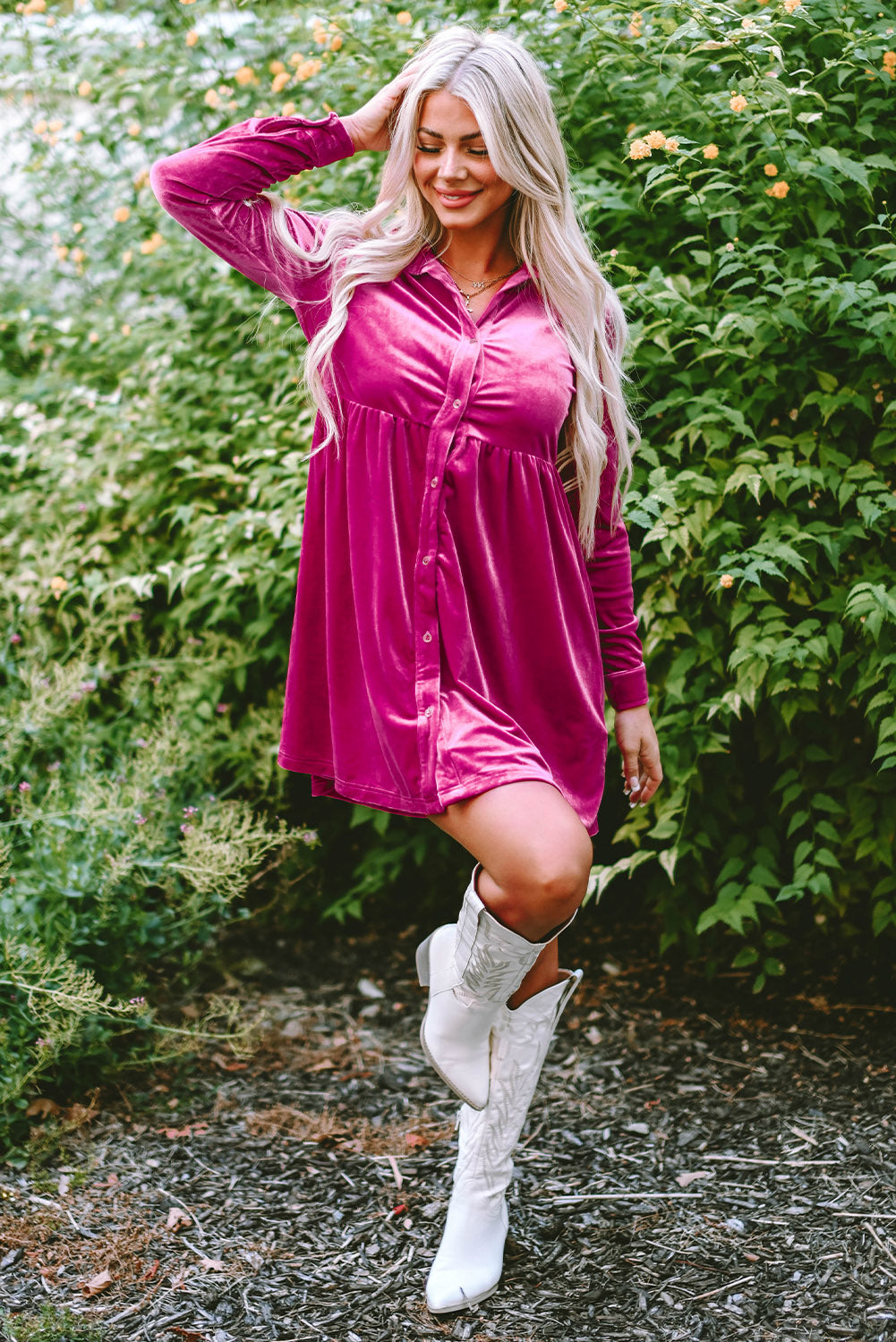 Rose Long Sleeve Ruffle Velvet Button Up Dress-Dresses/Mini Dresses-[Adult]-[Female]-2022 Online Blue Zone Planet