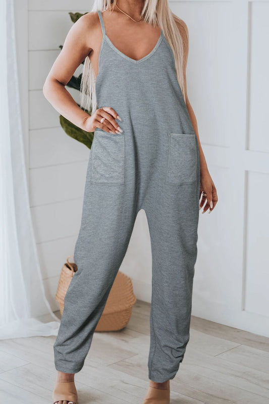 Pocketed V-Neck Spaghetti Strap Jumpsuit-TOPS / DRESSES-[Adult]-[Female]-Dark Gray-S-2022 Online Blue Zone Planet