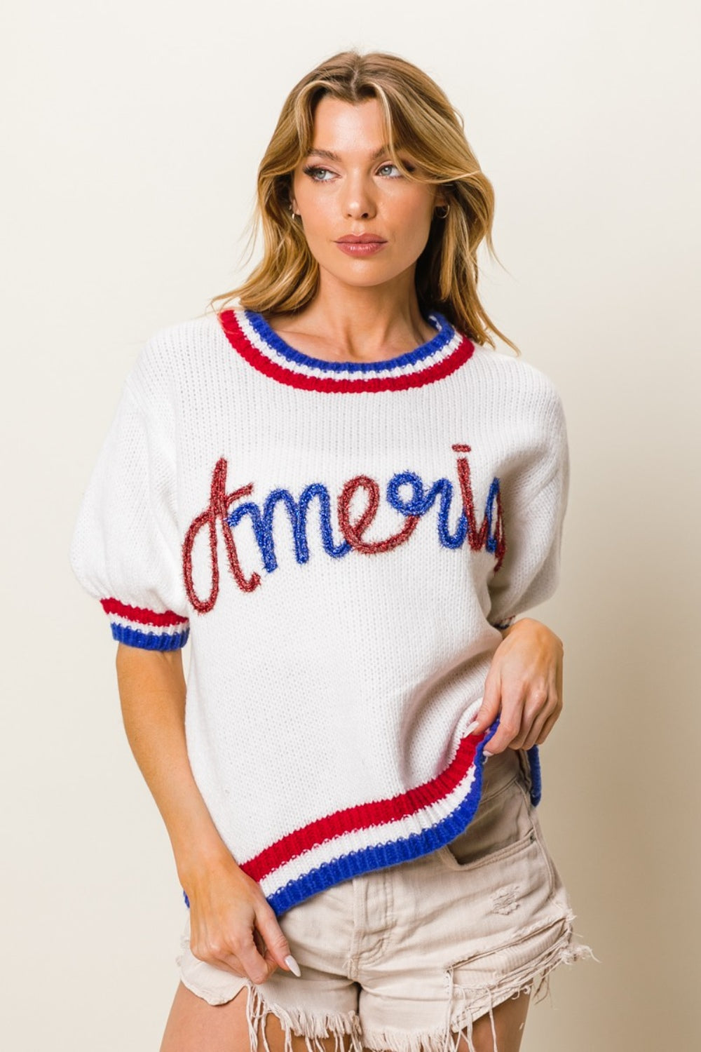 BiBi Metallic America Letter Short Sleeve Sweater-TOPS / DRESSES-[Adult]-[Female]-2022 Online Blue Zone Planet