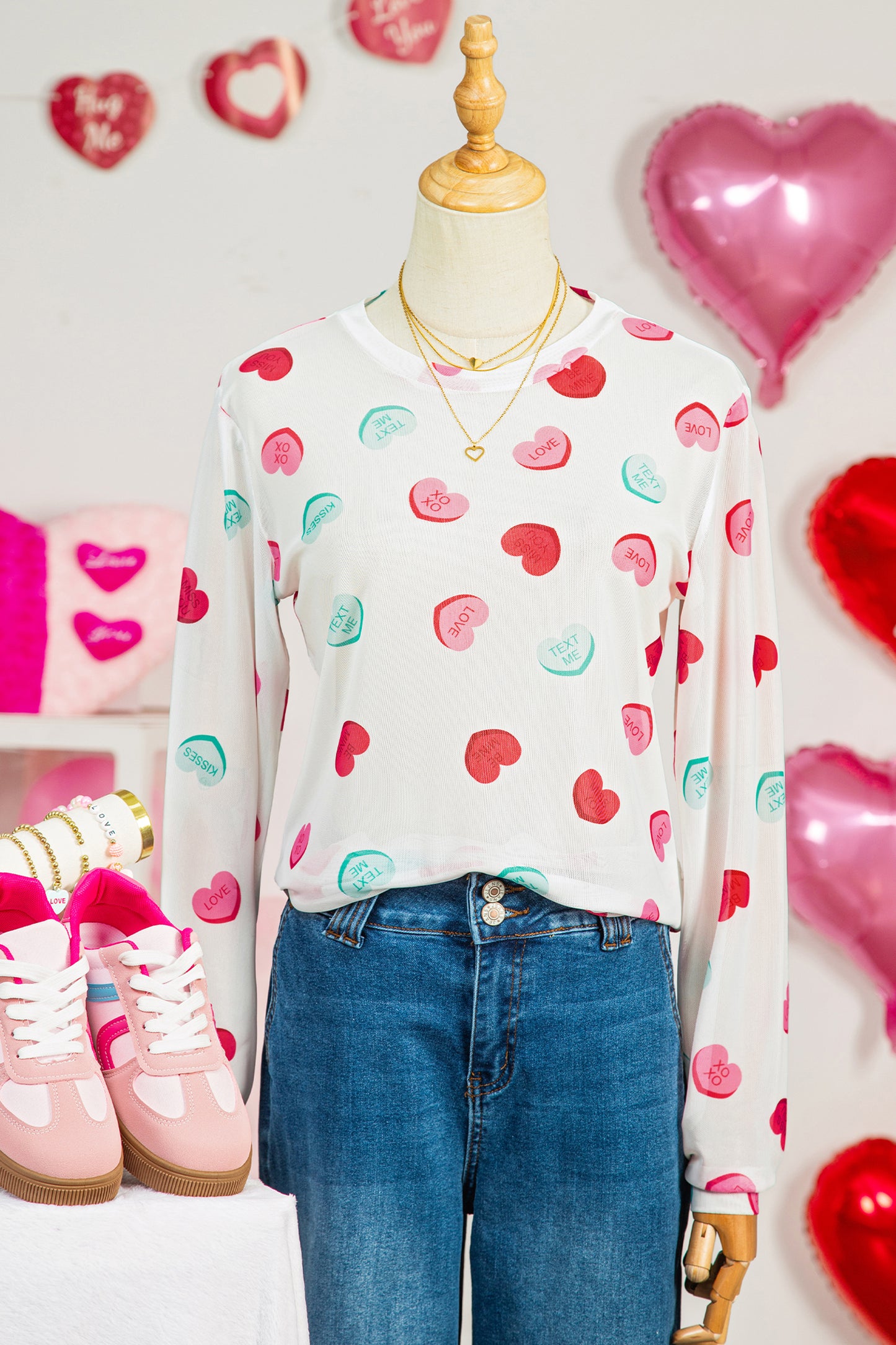 White Sheer Mesh Valentines Slogan Heart Printed Long Sleeve Top-Tops/Long Sleeve Tops-[Adult]-[Female]-2022 Online Blue Zone Planet