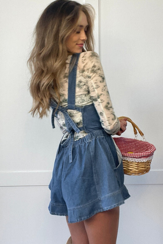Sky Blue Buckle Straps Bib Style Drawstring Tied Backless Flared Denim Romper-Bottoms/Jumpsuits & Rompers-[Adult]-[Female]-2022 Online Blue Zone Planet