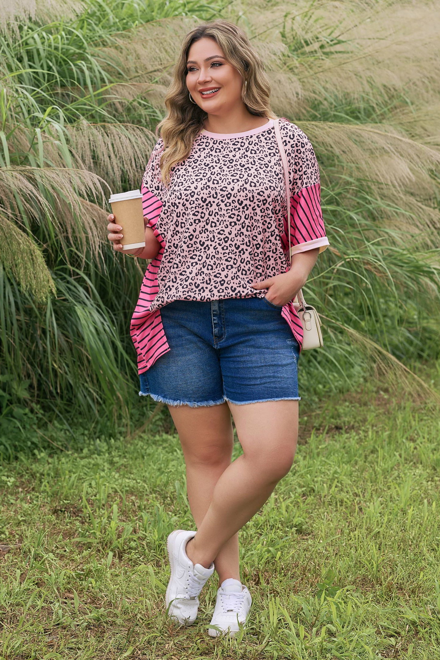 Pink Leopard Striped Contrast Patchwork Plus Size Tee