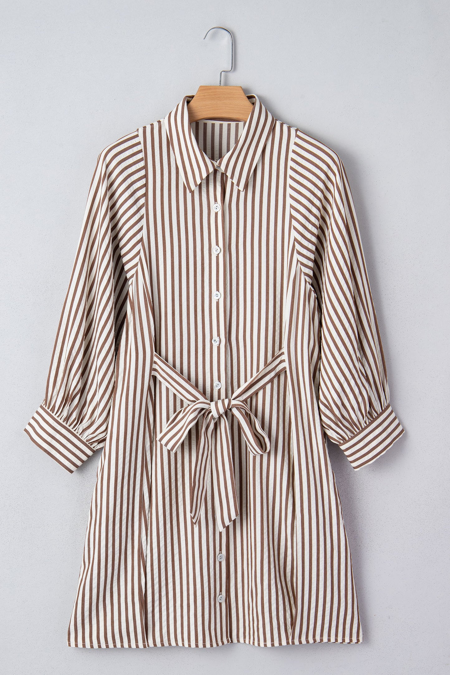 Brown Stripe Knot Waist Puff Sleeve Button Down Mini Shirt Dress-TOPS / DRESSES-[Adult]-[Female]-2022 Online Blue Zone Planet