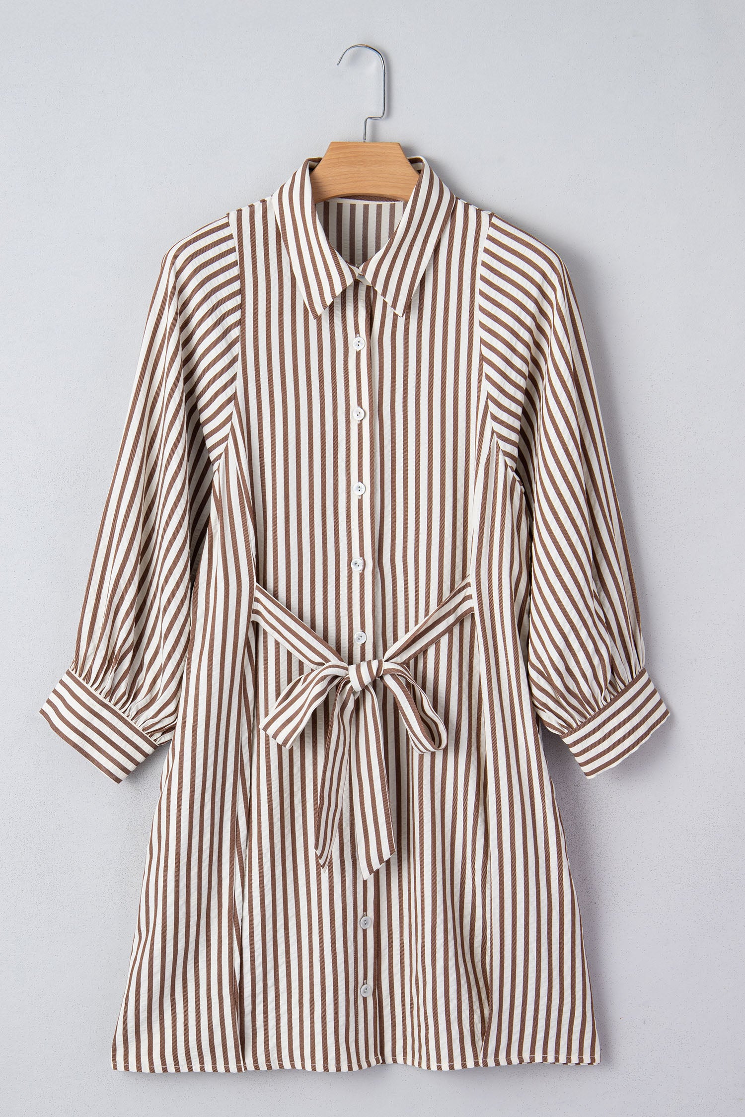 Brown Stripe Knot Waist Puff Sleeve Button Down Mini Shirt Dress-TOPS / DRESSES-[Adult]-[Female]-2022 Online Blue Zone Planet